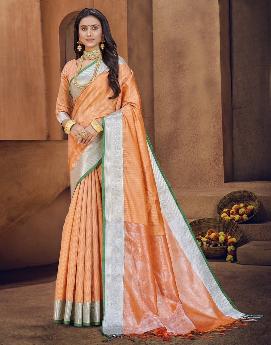 Light Orange Silk Blend Saree | Sudathi