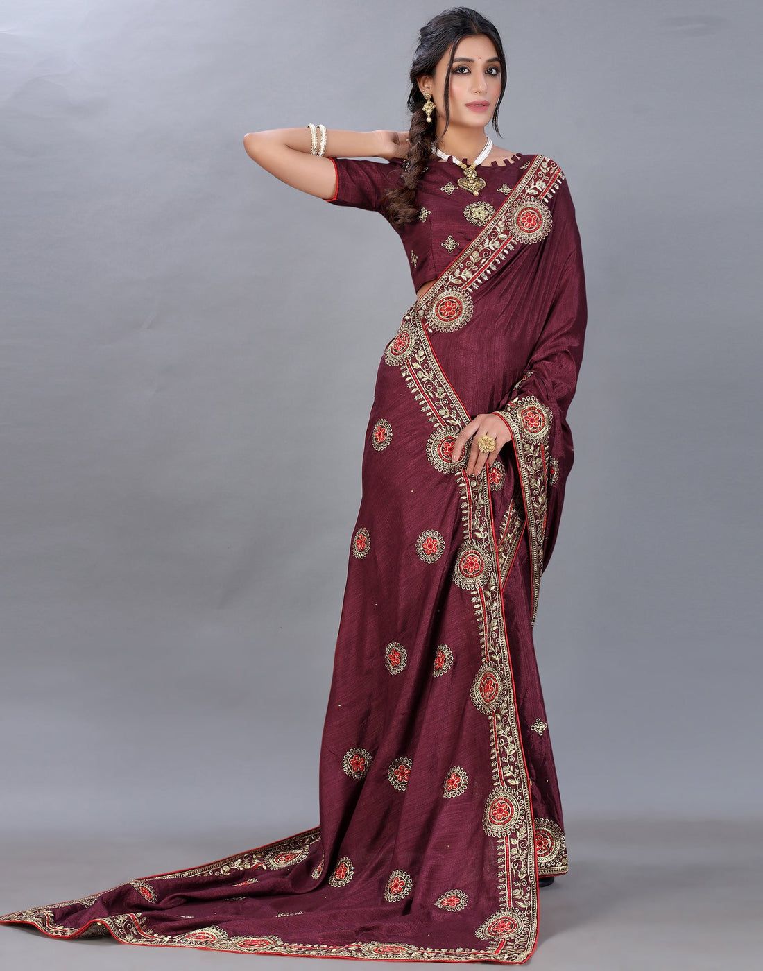 Maroon Embroidery Saree | Sudathi