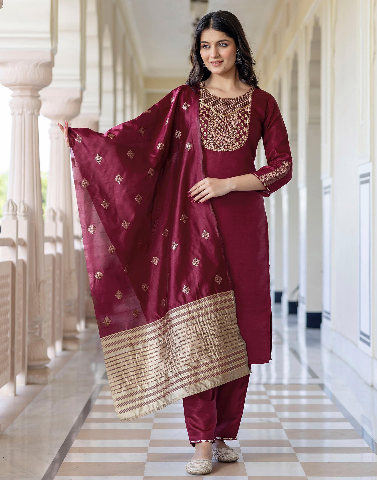 Maroon Silk Embroidery Straight Kurta Set With Dupatta