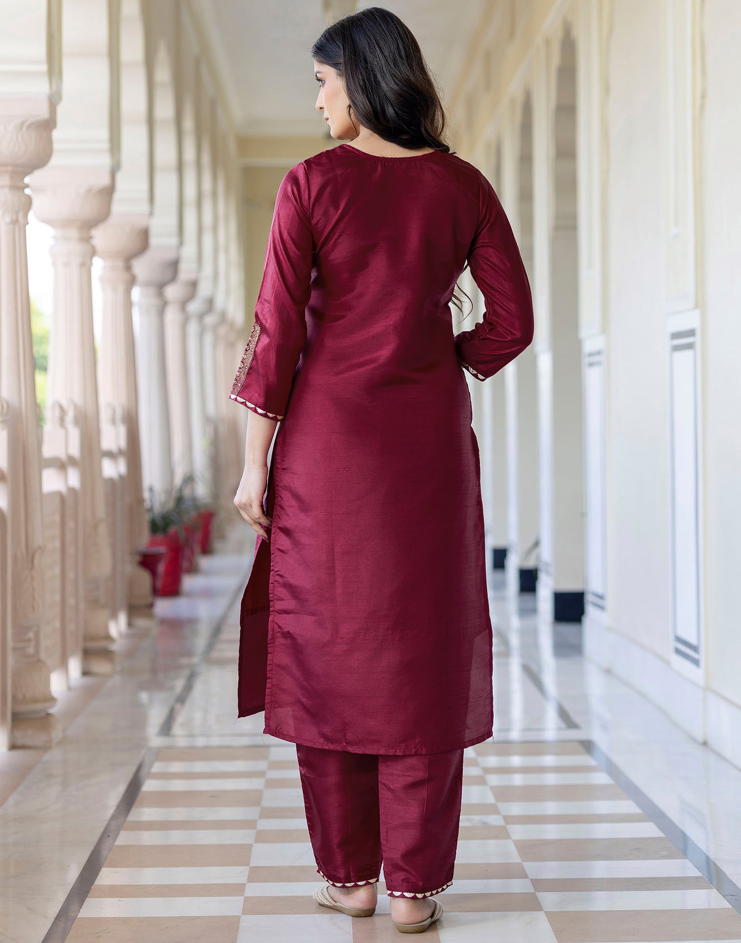 Maroon Silk Embroidery Straight Kurta Set With Dupatta