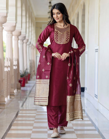 Maroon Silk Embroidery Straight Kurta Set With Dupatta