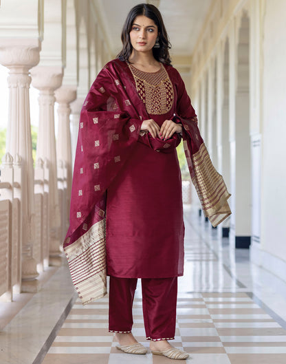 Maroon Silk Embroidery Straight Kurta Set With Dupatta