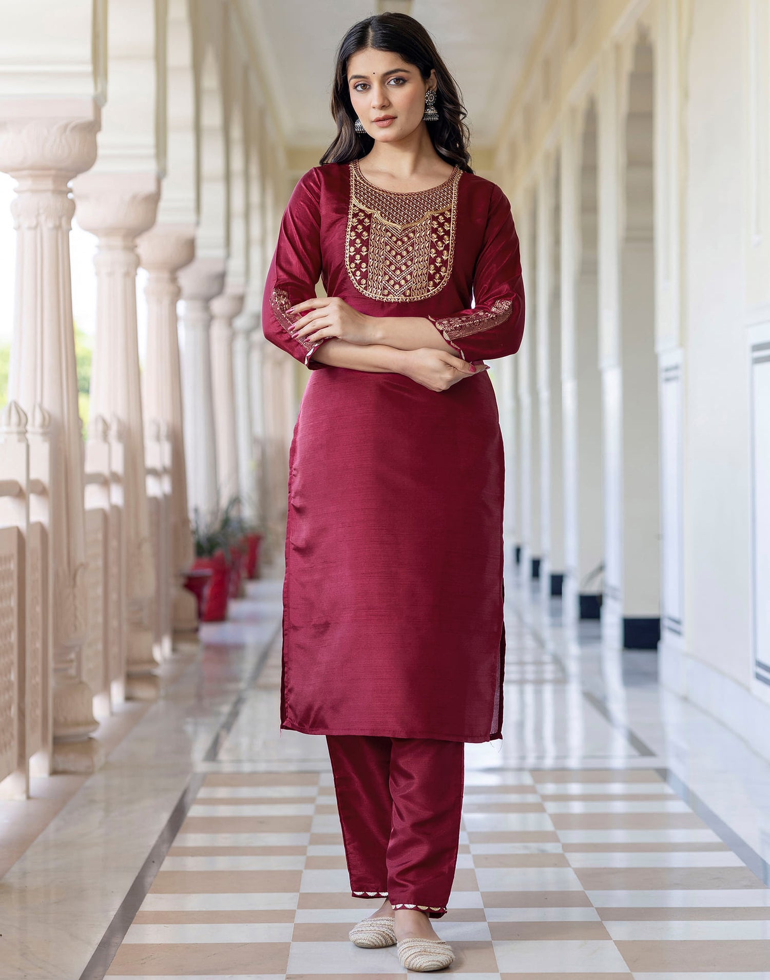 Maroon Silk Embroidery Straight Kurta Set With Dupatta