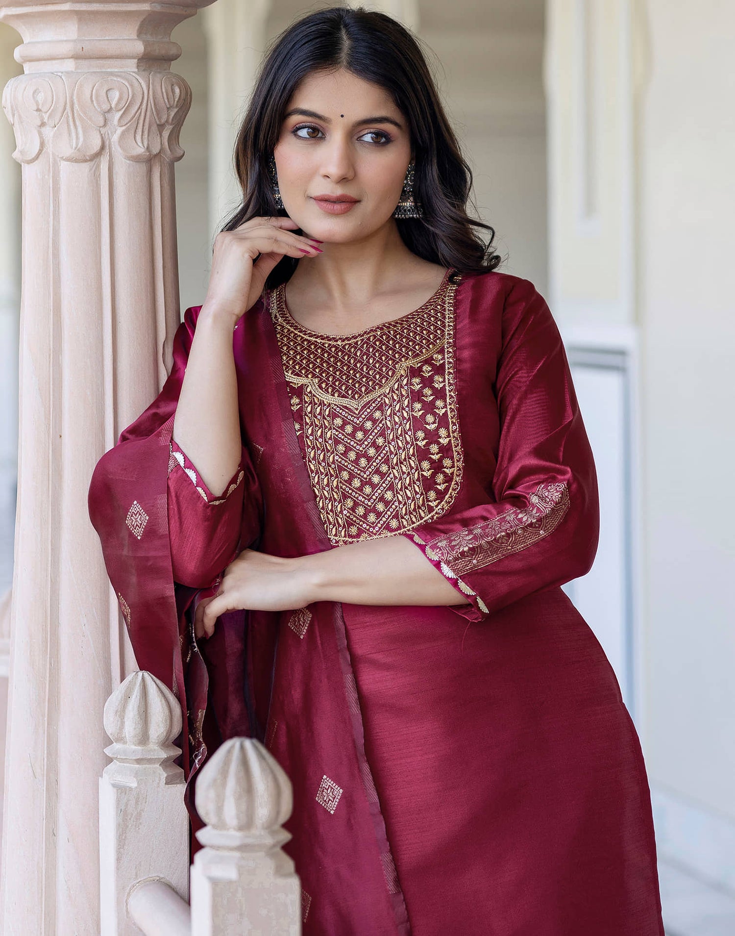 Maroon Silk Embroidery Straight Kurta Set With Dupatta