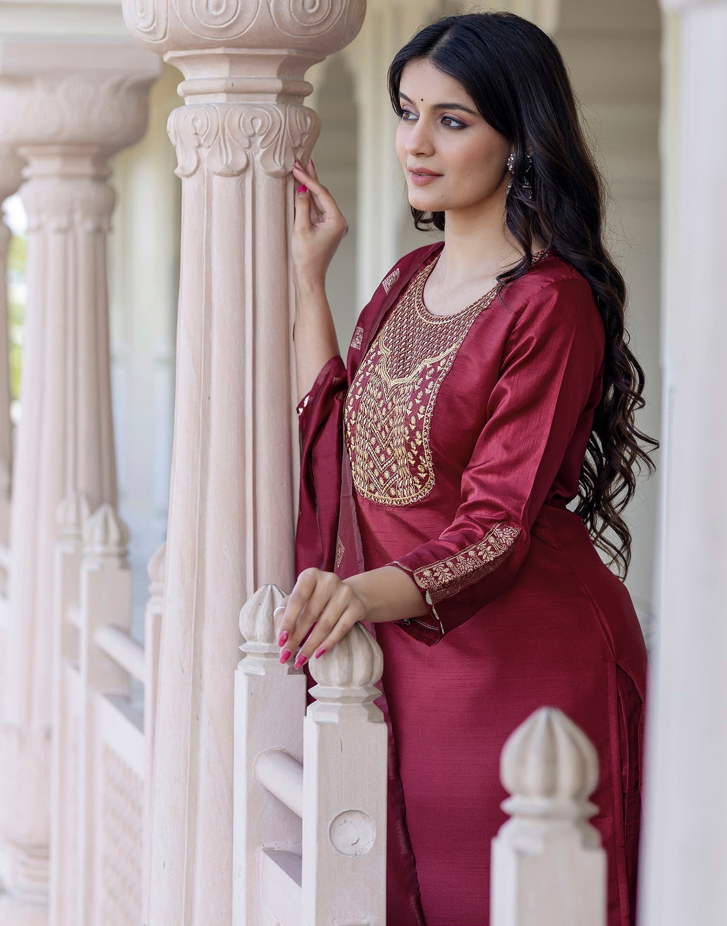 Maroon Silk Embroidery Straight Kurta Set With Dupatta