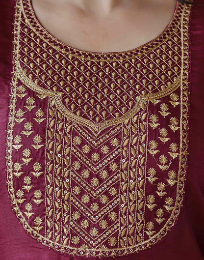 Maroon Silk Embroidery Straight Kurta Set With Dupatta