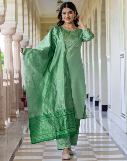 Pista Green Silk Embroidery Straight Kurta Set With Dupatta