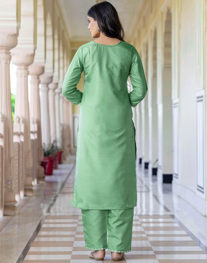 Pista Green Silk Embroidery Straight Kurta Set With Dupatta