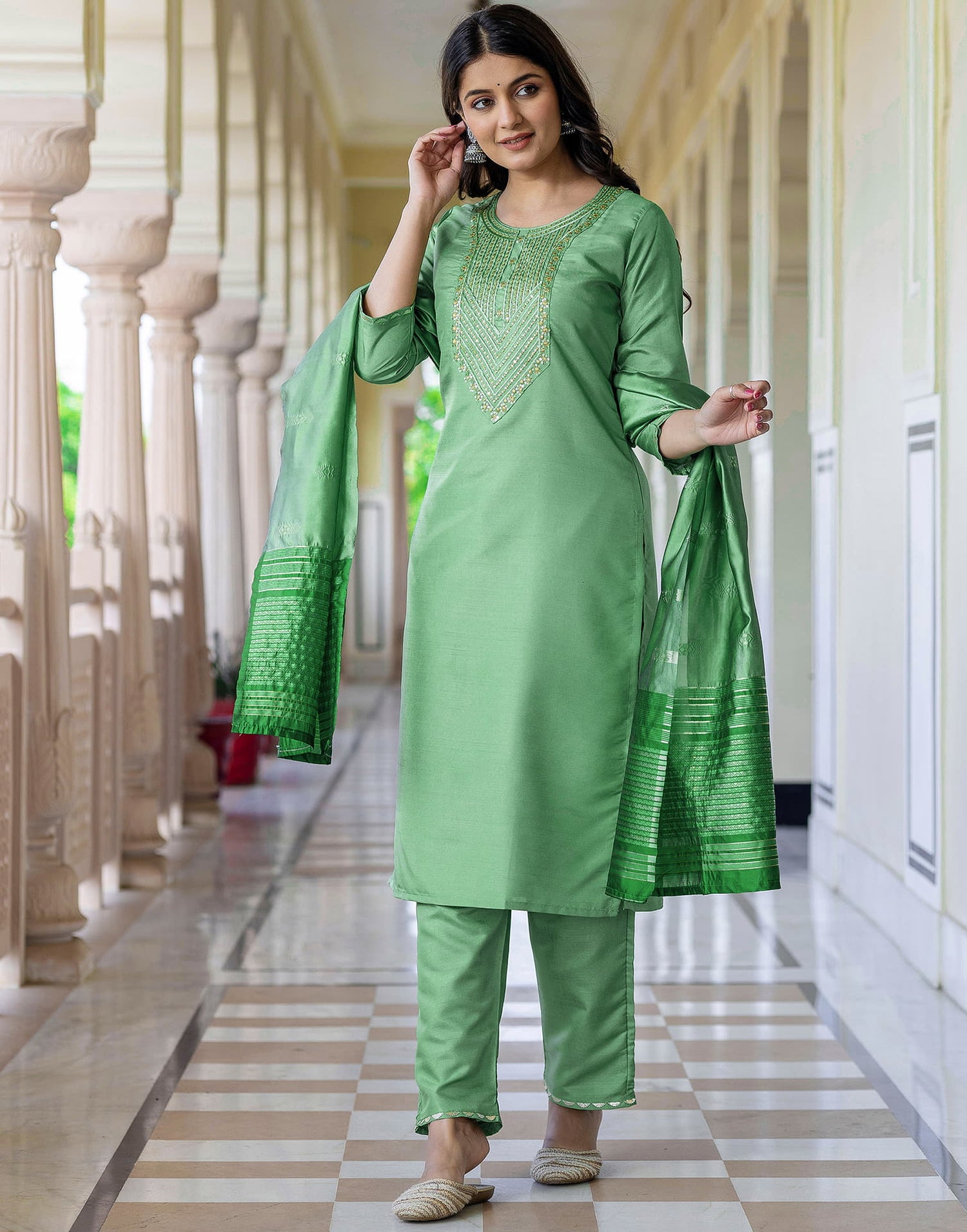 Pista Green Silk Embroidery Straight Kurta Set With Dupatta