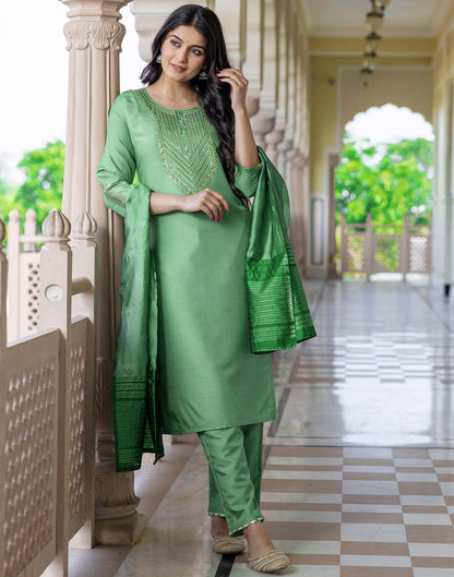 Pista Green Silk Embroidery Straight Kurta Set With Dupatta