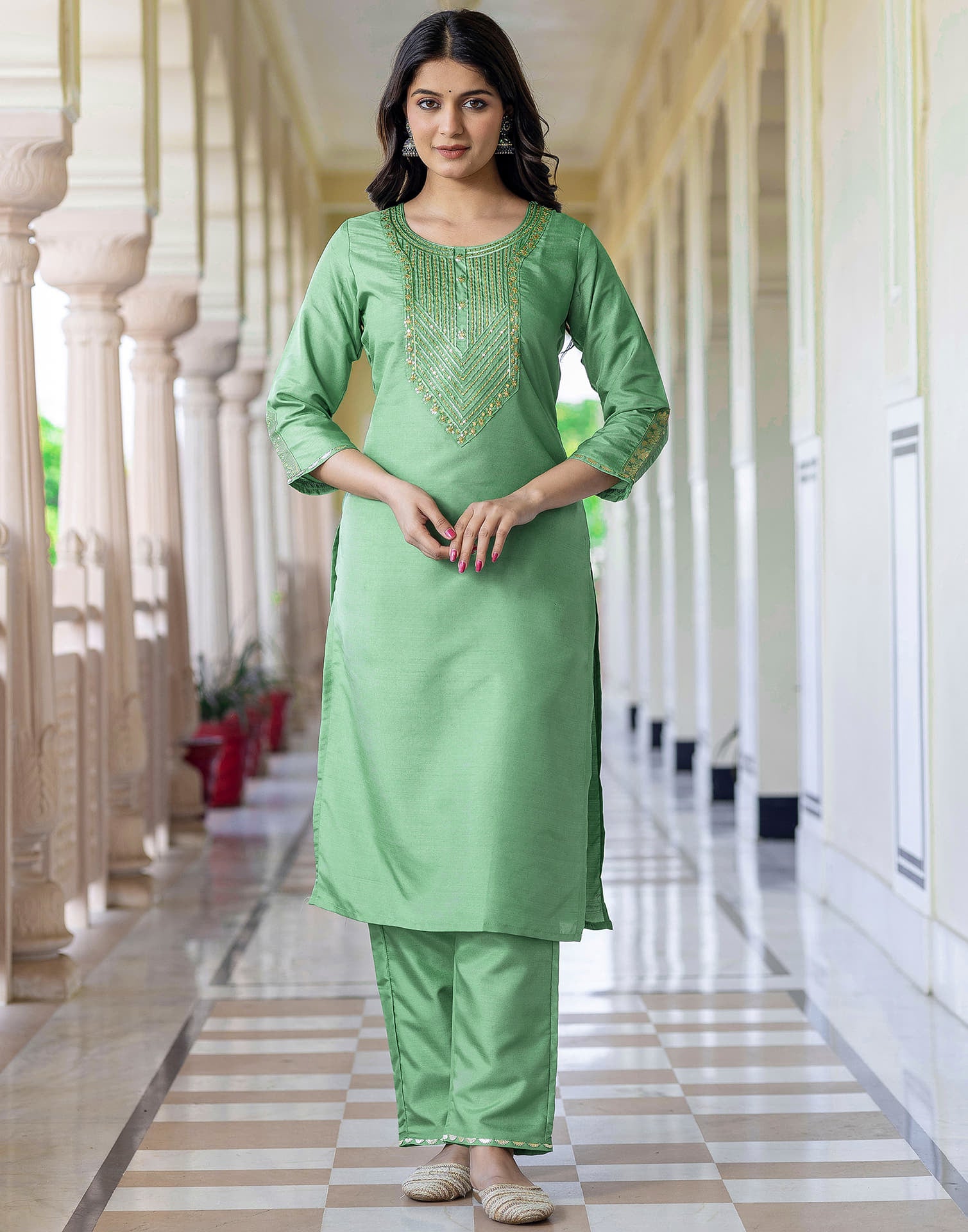 Pista Green Silk Embroidery Straight Kurta Set With Dupatta