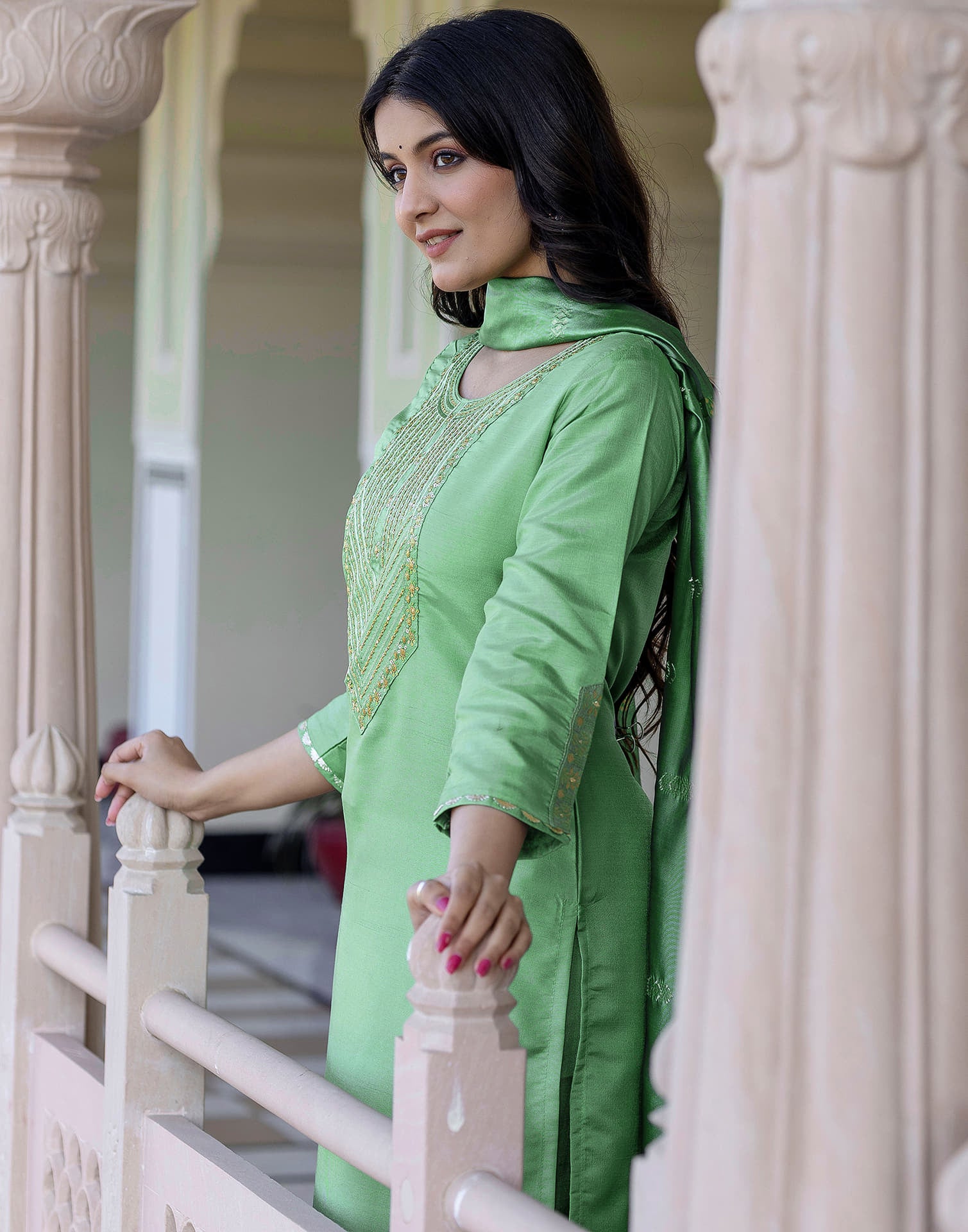 Pista Green Silk Embroidery Straight Kurta Set With Dupatta