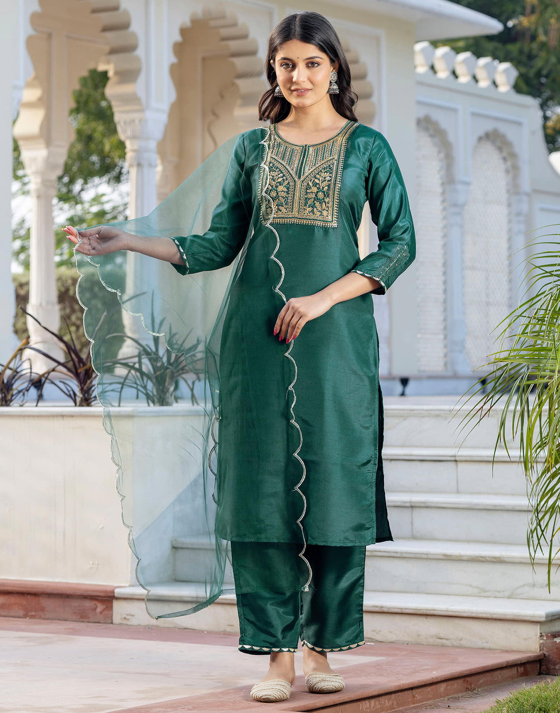 Dark Green Silk Blend Embroidery Straight Kurta Set With Dupatta