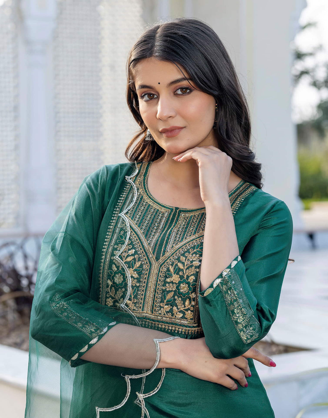 Dark Green Silk Blend Embroidery Straight Kurta Set With Dupatta