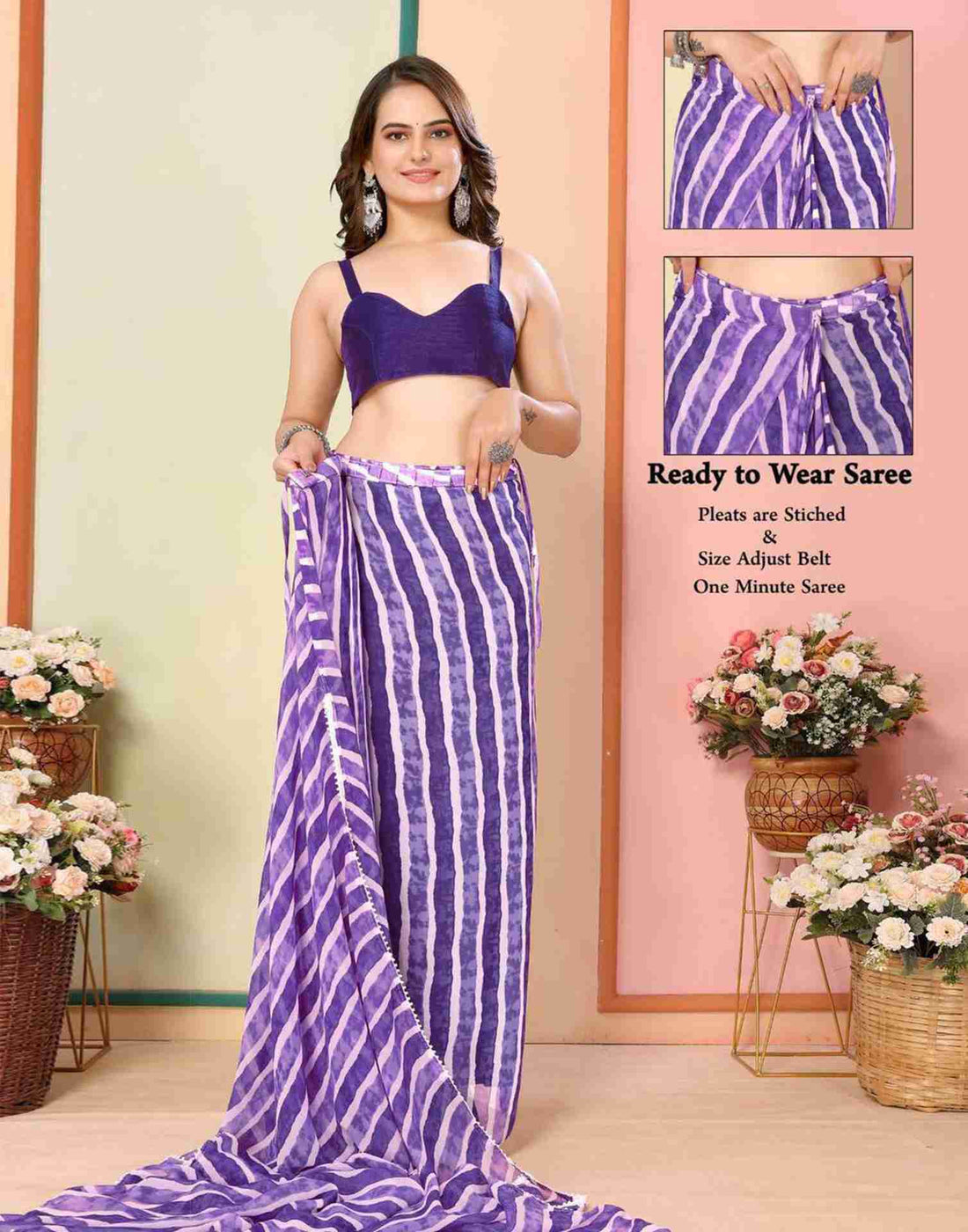 Ready To Wear Purple Georgette Printed Leheriya Saree