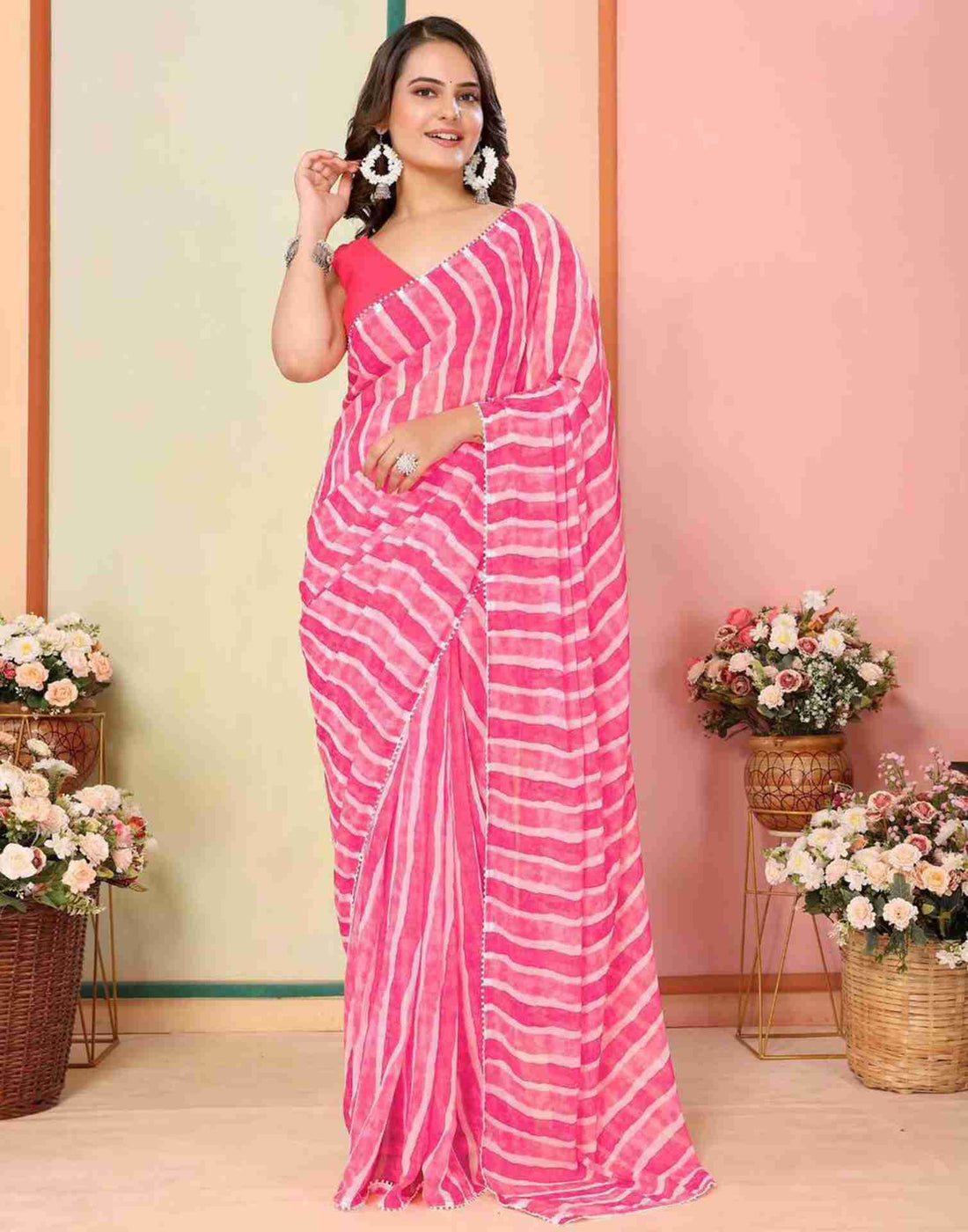 Ready To Wear Pink Georgette Printed Leheriya Saree