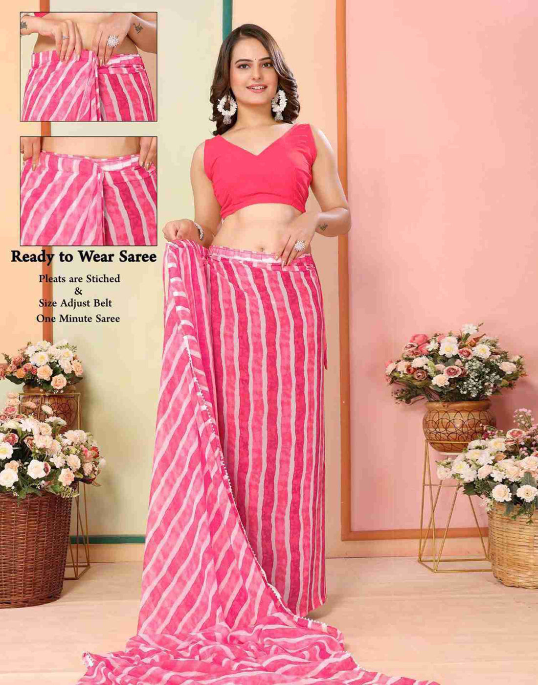 Ready To Wear Pink Georgette Printed Leheriya Saree