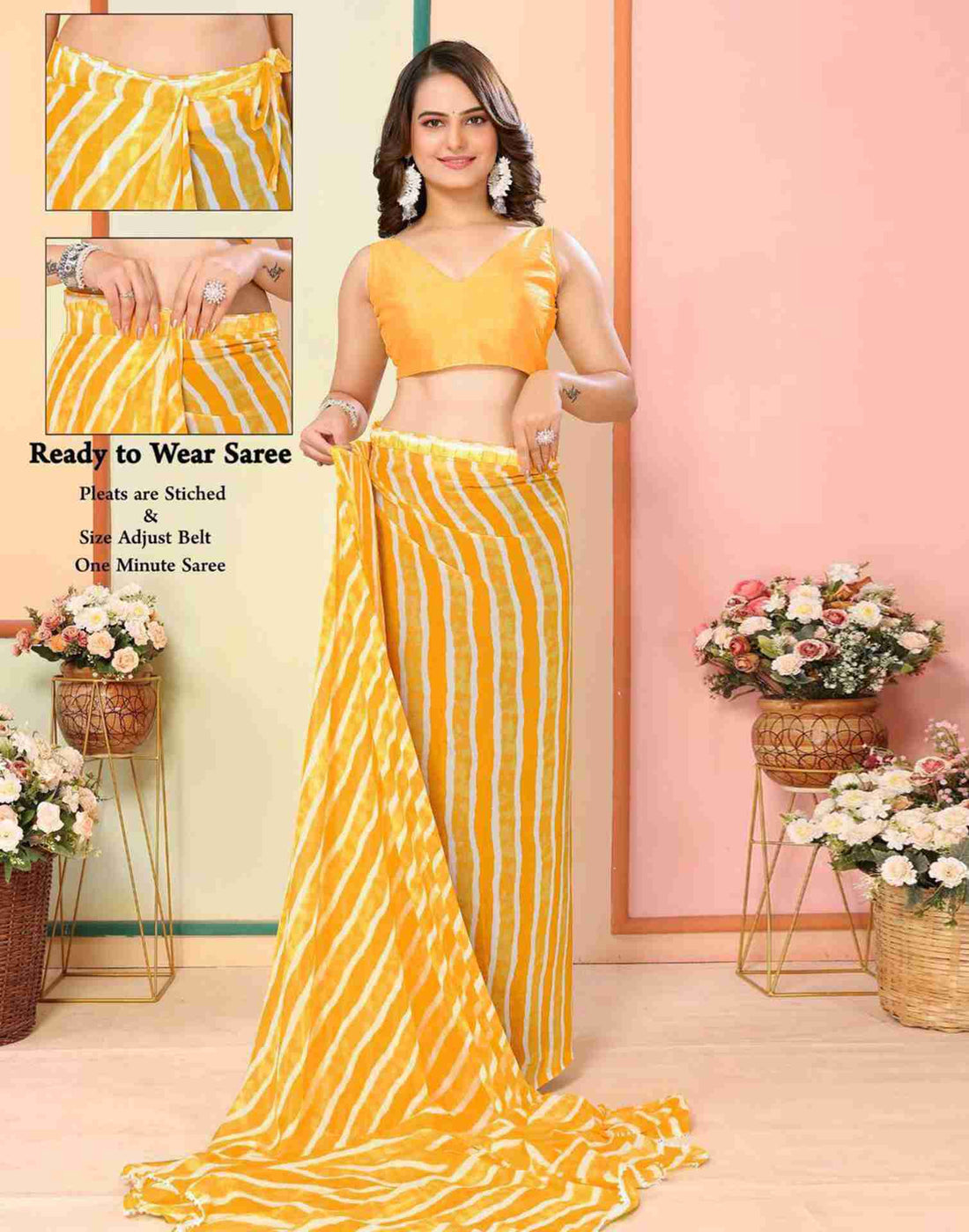 Ready To Wear Yellow Georgette Printed Leheriya Saree