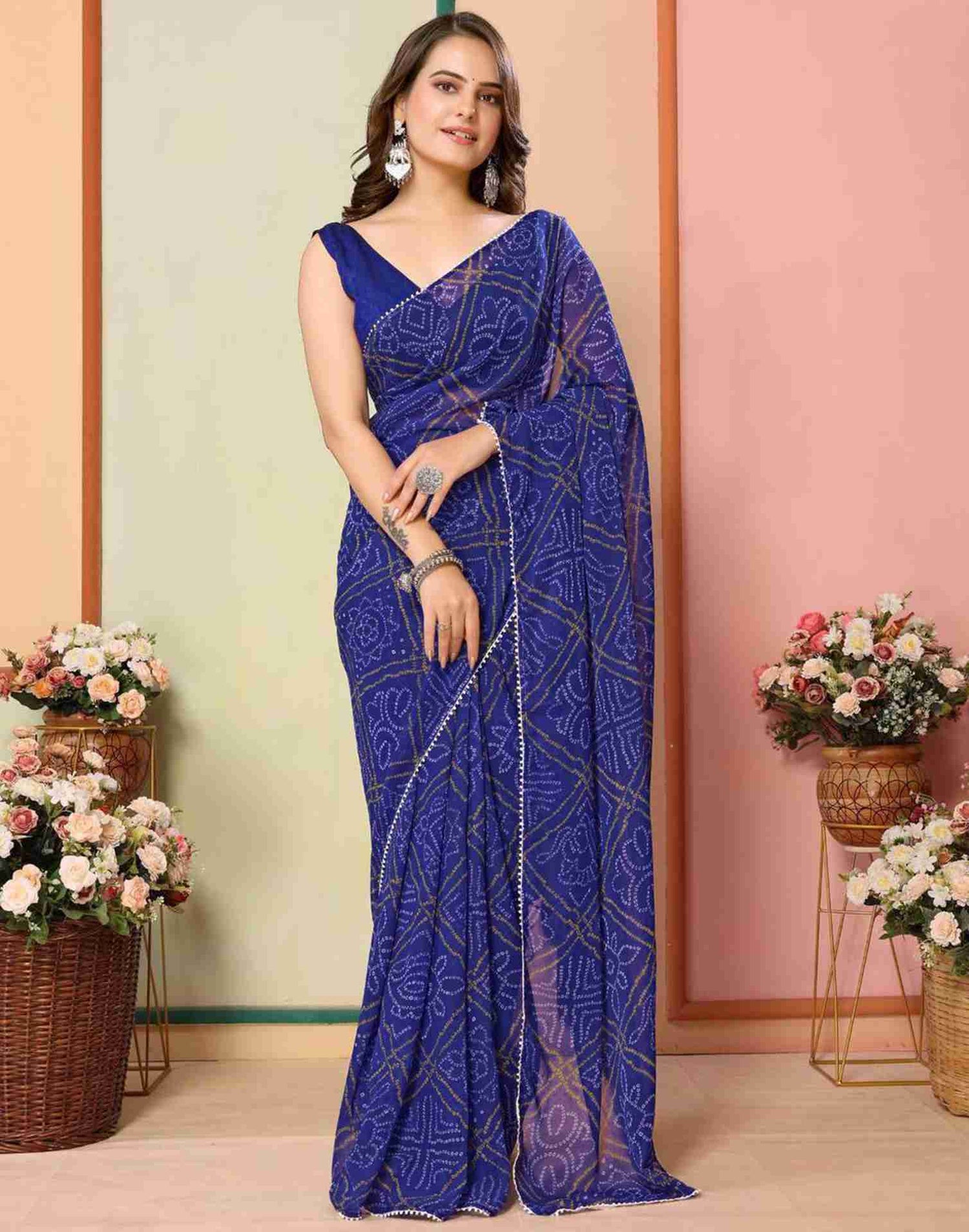 Ready To Wear Dark Blue Georgette Printed Bandhani Saree