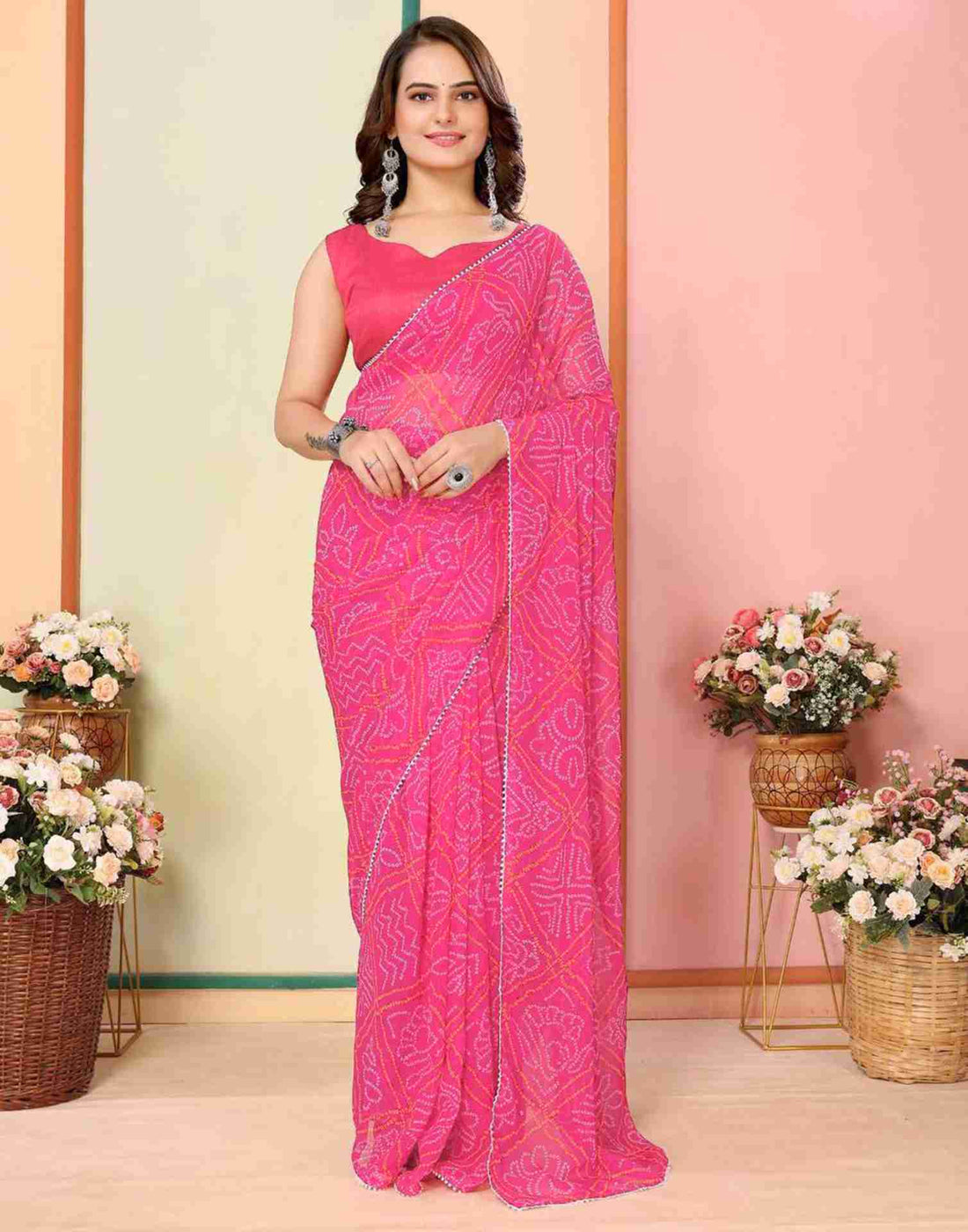 Ready To Wear Pink Georgette Printed Bandhani Saree