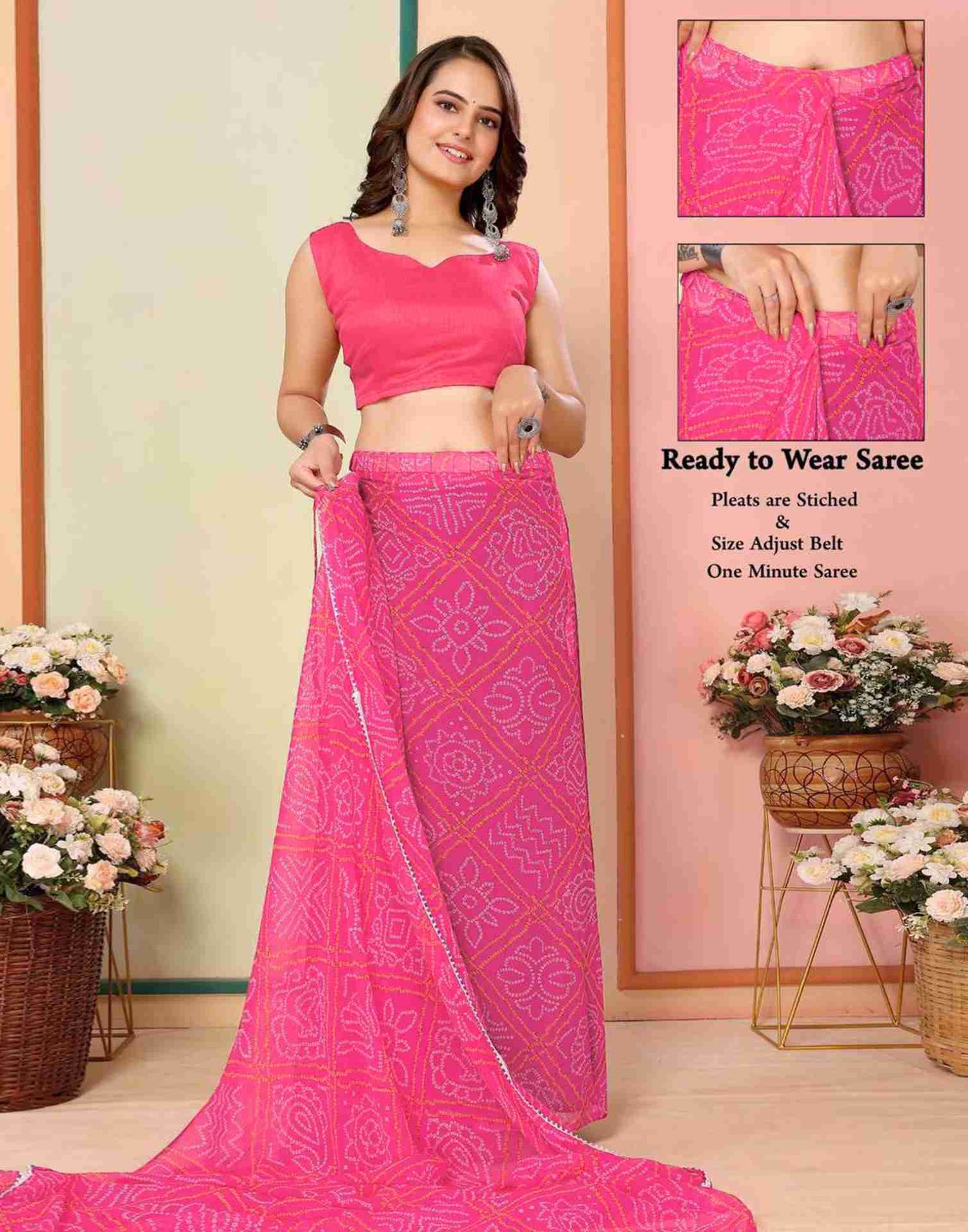 Ready To Wear Pink Georgette Printed Bandhani Saree