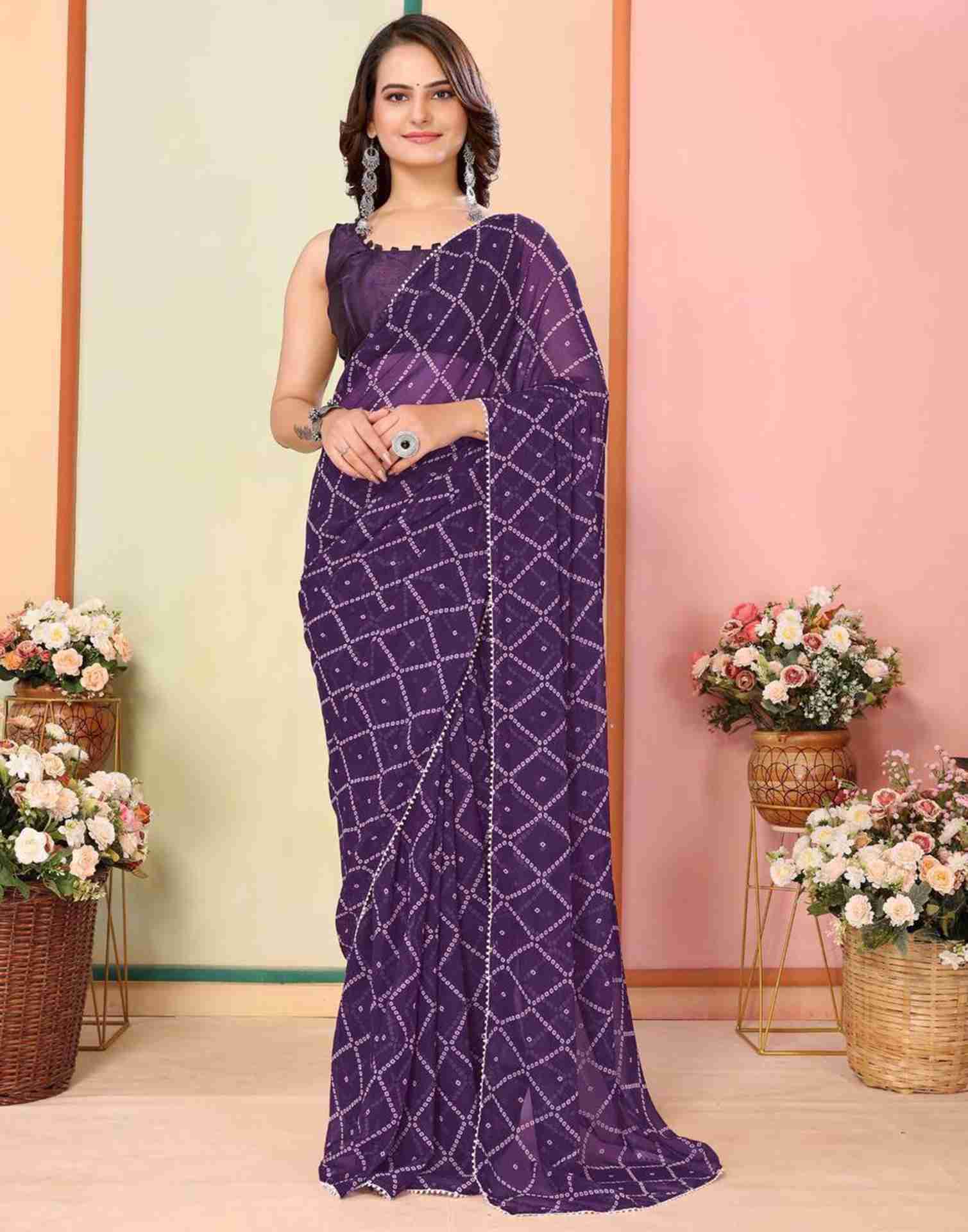 Ready To Wear Purple Georgette Printed Bandhani Saree