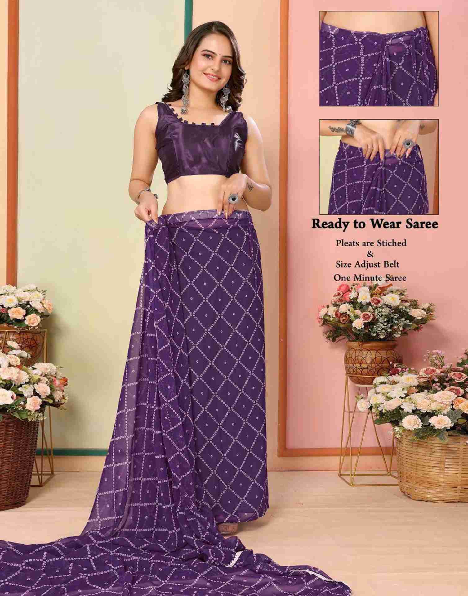 Ready To Wear Purple Georgette Printed Bandhani Saree