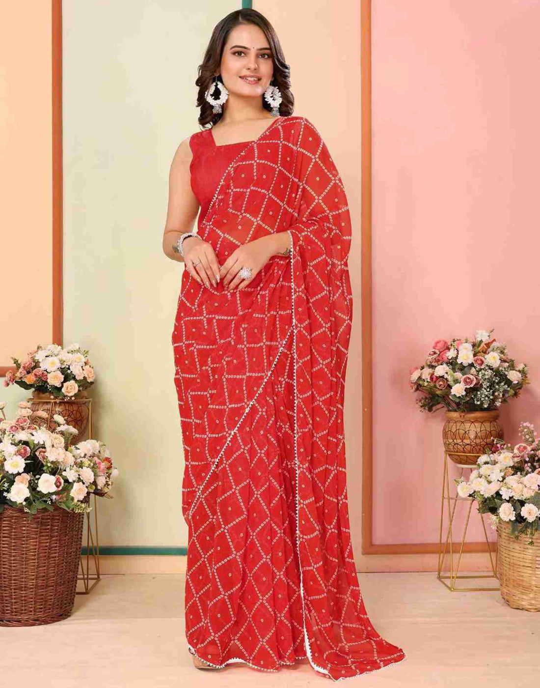 Ready To Wear Red Georgette Printed Bandhani Saree