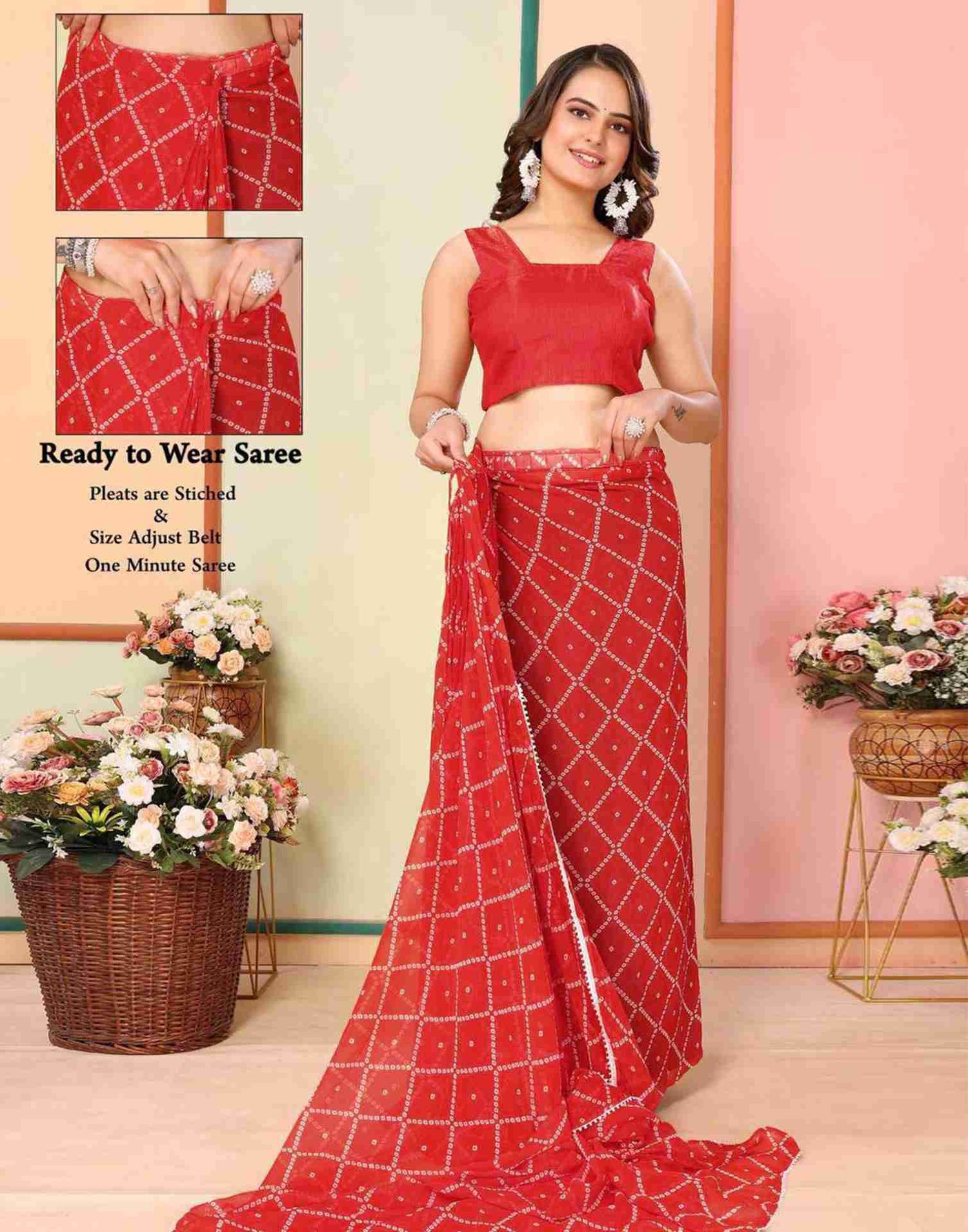 Ready To Wear Red Georgette Printed Bandhani Saree