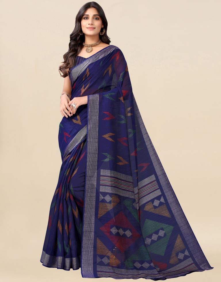 Dark Blue Cotton Printed Saree