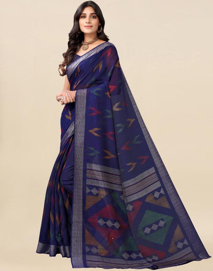 Dark Blue Cotton Printed Saree