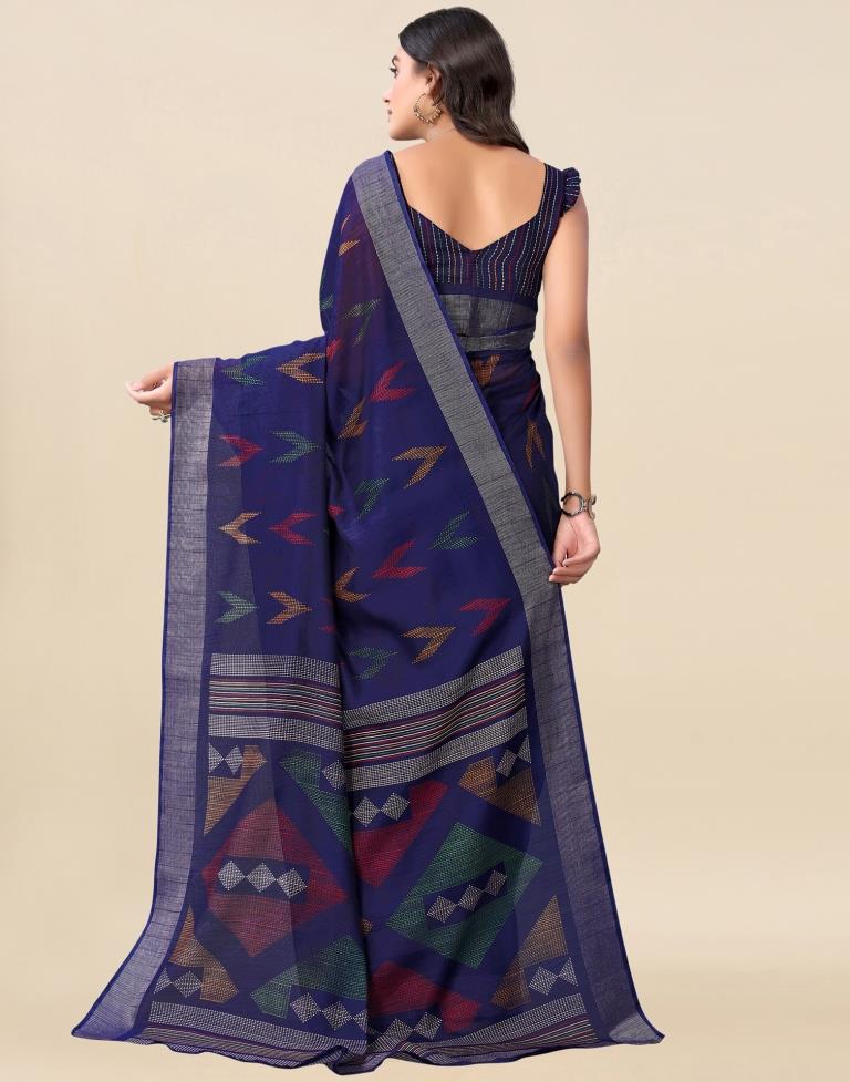 Dark Blue Cotton Printed Saree