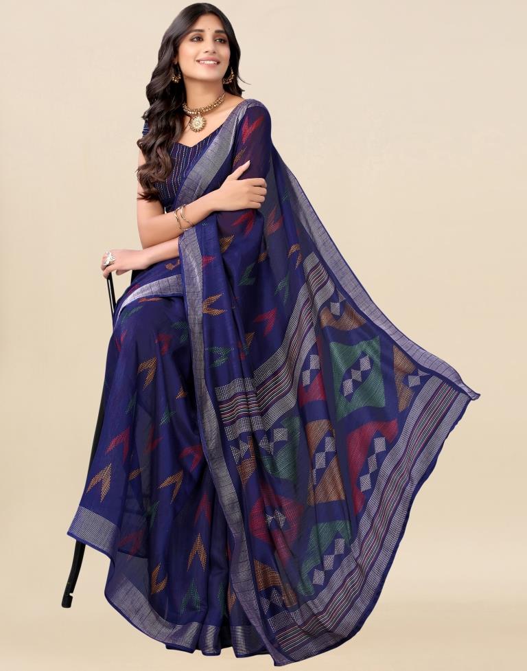 Dark Blue Cotton Printed Saree