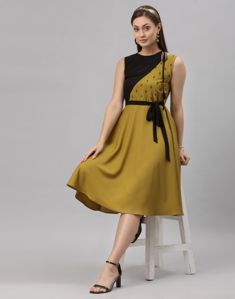 Mustared Coloured Crepe Printed Dress | Sudathi