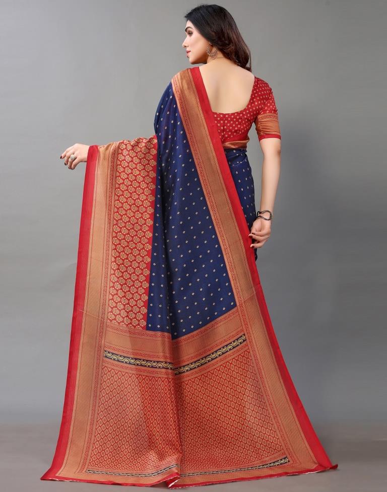 Blue Pure Silk Saree With Red Designer Border And Blue Colored Blouse |  Cash On Delivery Available, Throughout India