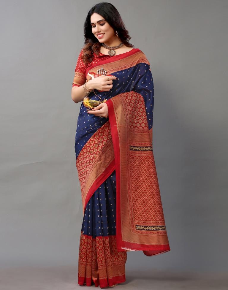 Navy Blue Color Latest Soft Banarasi Silk Saree with Red Color Blouse –  shalenafamily