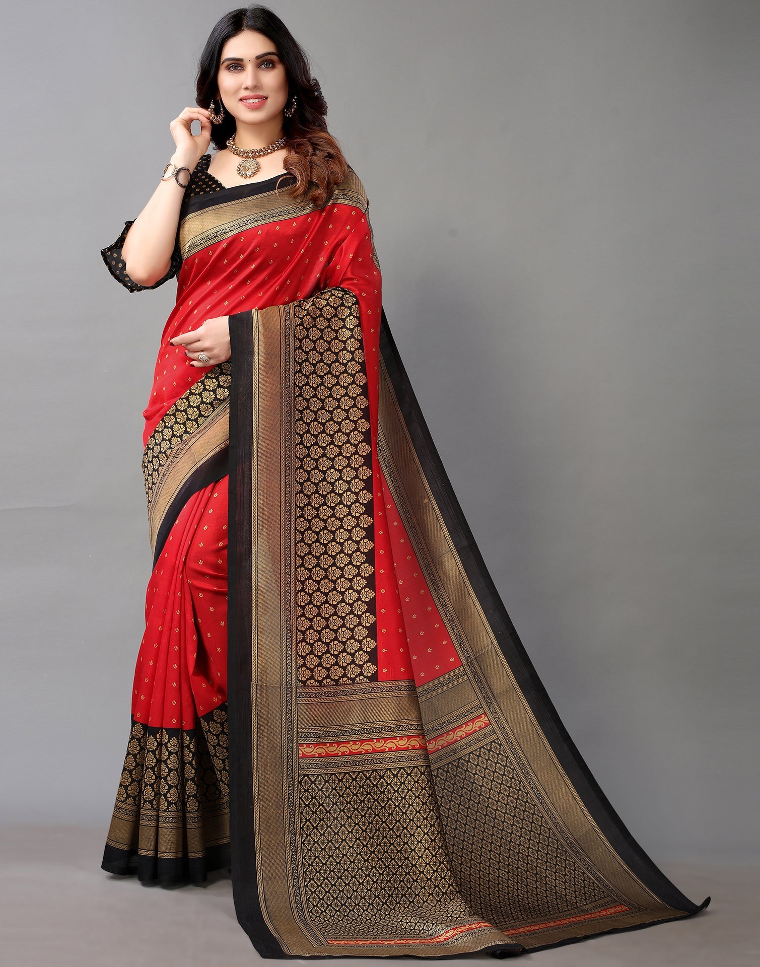 Red and Black Long Border Sungudi Cotton Saree with Peacock Motif-  Desically Ethnic