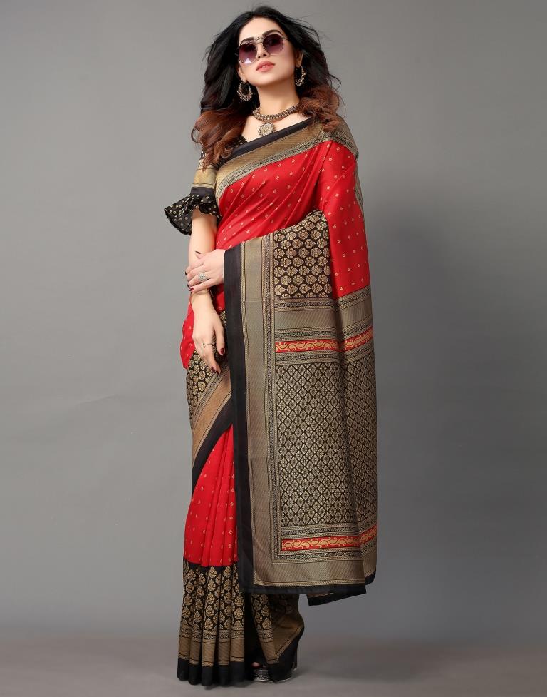 Beautiful Beige with black and red combination chanderi silk saree with  printed motifs allover the body – Meshira