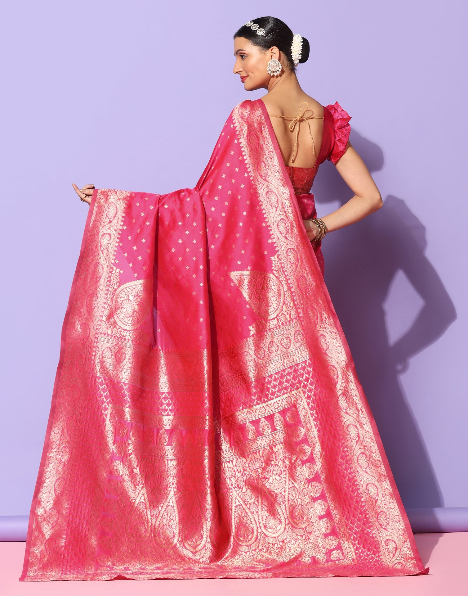 Pink And Golden Banarasi Silk Saree | Sudathi