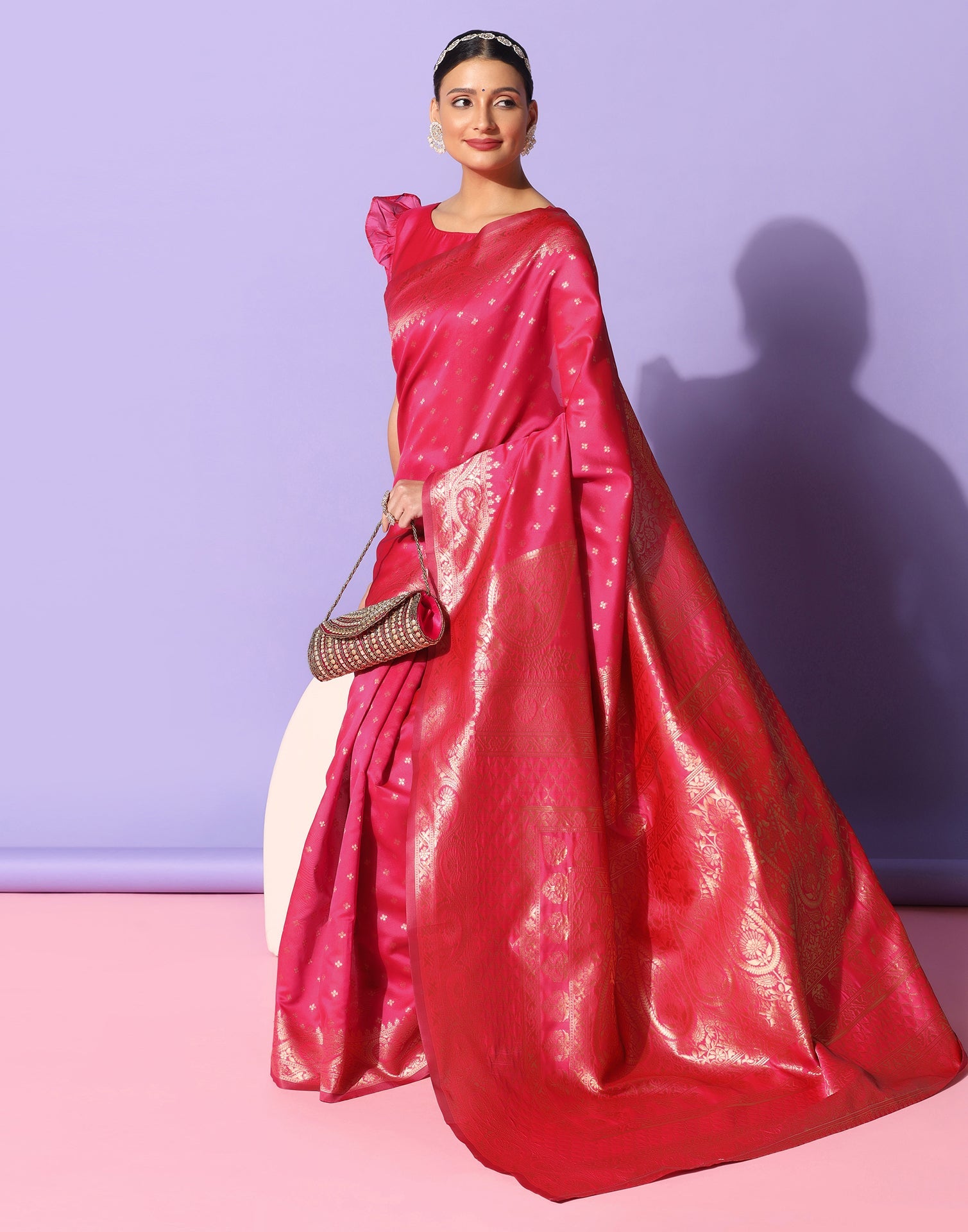 Pink And Golden Banarasi Silk Saree | Sudathi