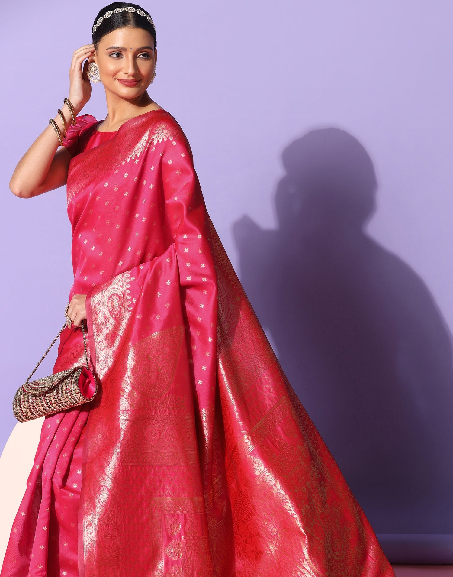 Pink And Golden Banarasi Silk Saree | Sudathi