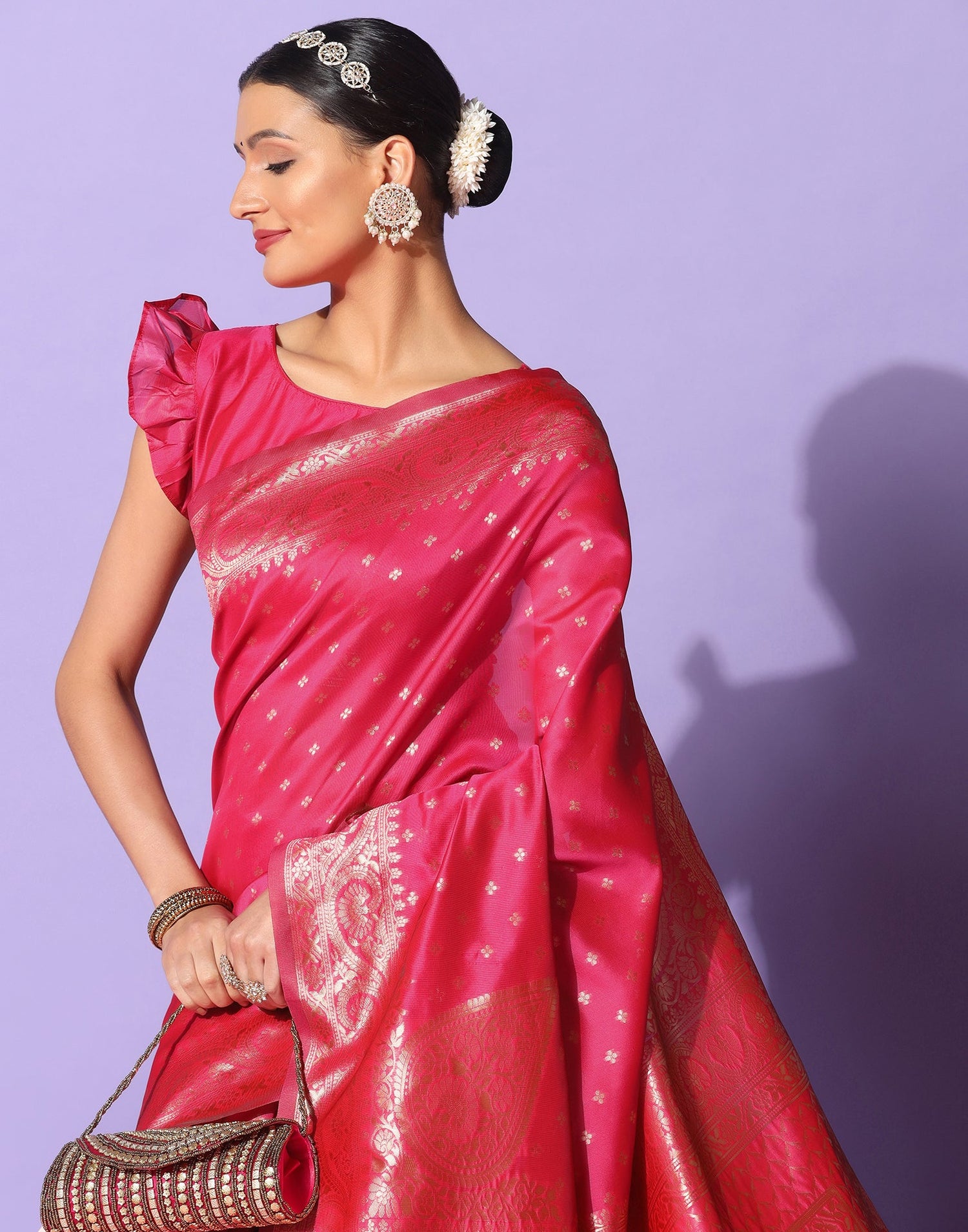 Pink And Golden Banarasi Silk Saree | Sudathi