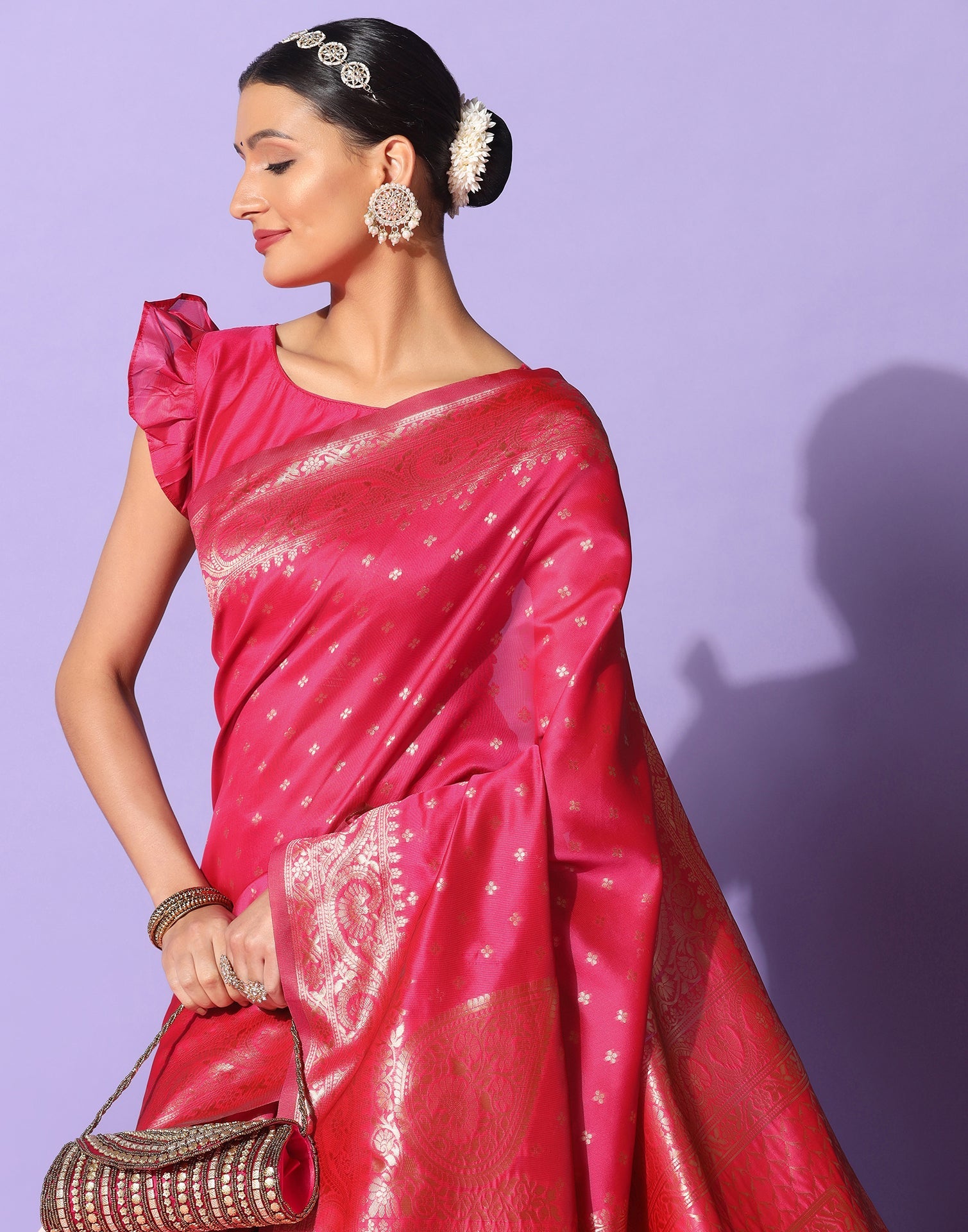 Pink And Golden Banarasi Silk Saree | Sudathi