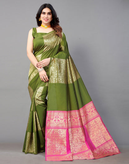 Olive Green And Golden Banarasi Silk Saree | Sudathi