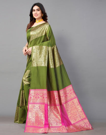 Olive Green And Golden Banarasi Silk Saree | Sudathi