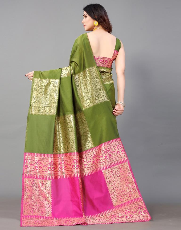 Olive Green And Golden Banarasi Silk Saree | Sudathi