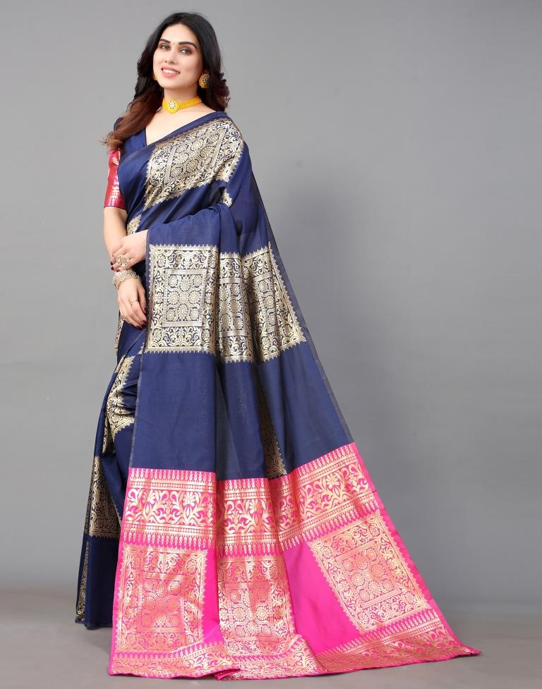 Navy Blue And Golden Banarasi Silk Saree | Leemboodi