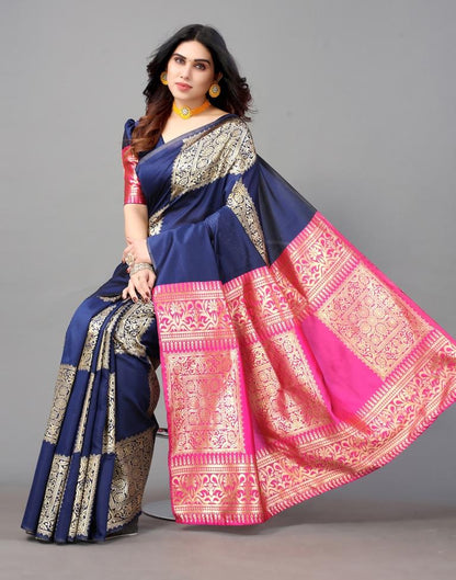 Navy Blue And Golden Banarasi Silk Saree | Leemboodi