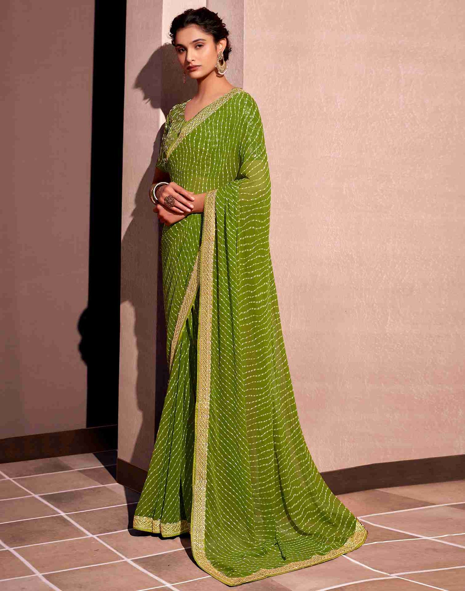 Olive Green Leheriya Printed Georgette Saree