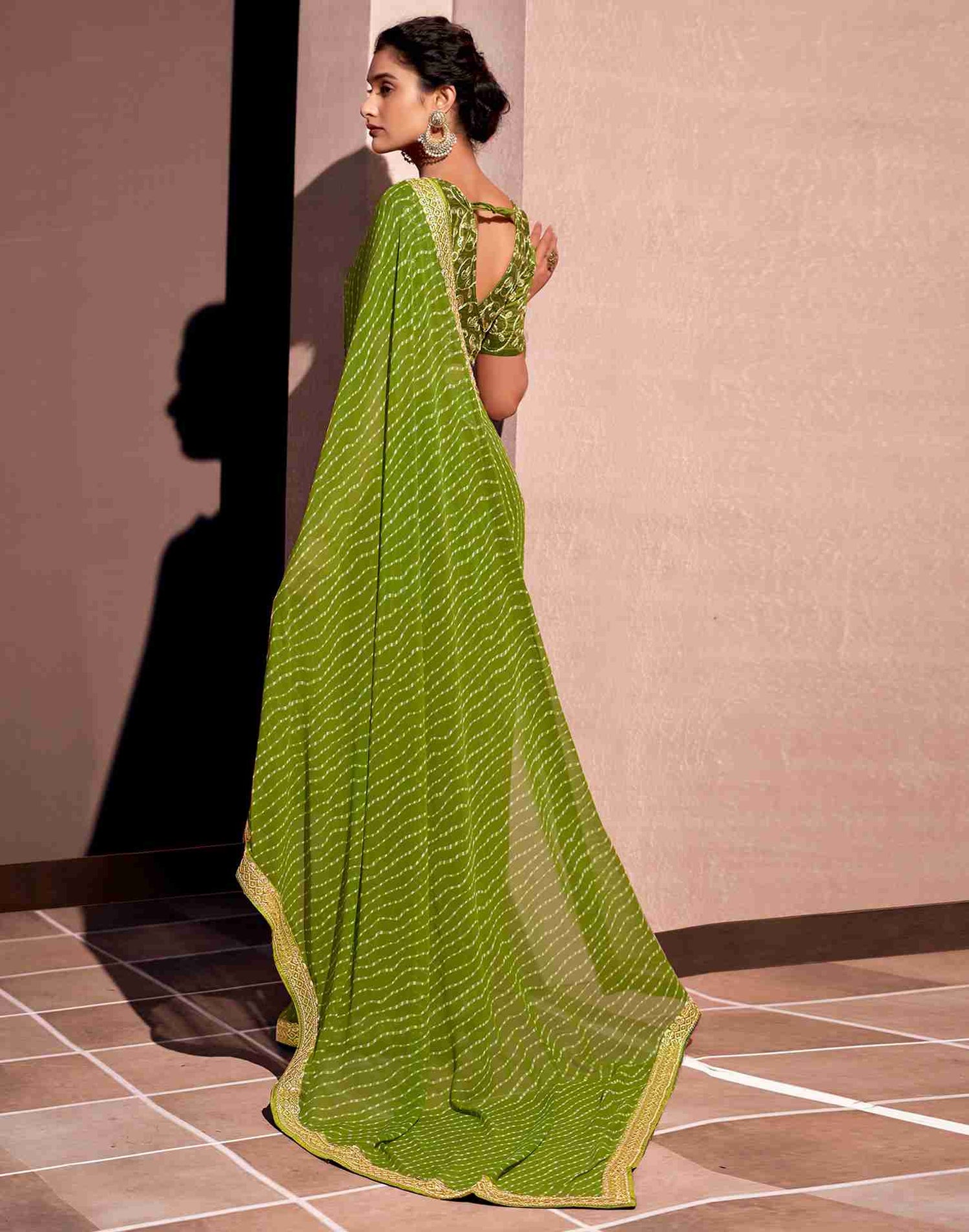 Olive Green Leheriya Printed Georgette Saree